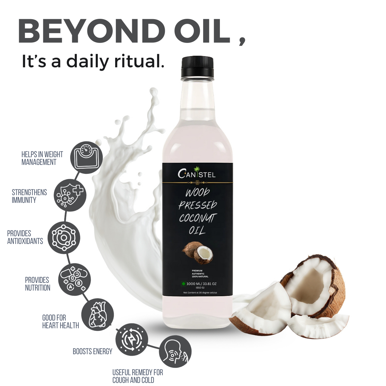 Image of Wood Pressed Coconut Oil (1Litre Glass Bottle) | Natural Coconut Oil