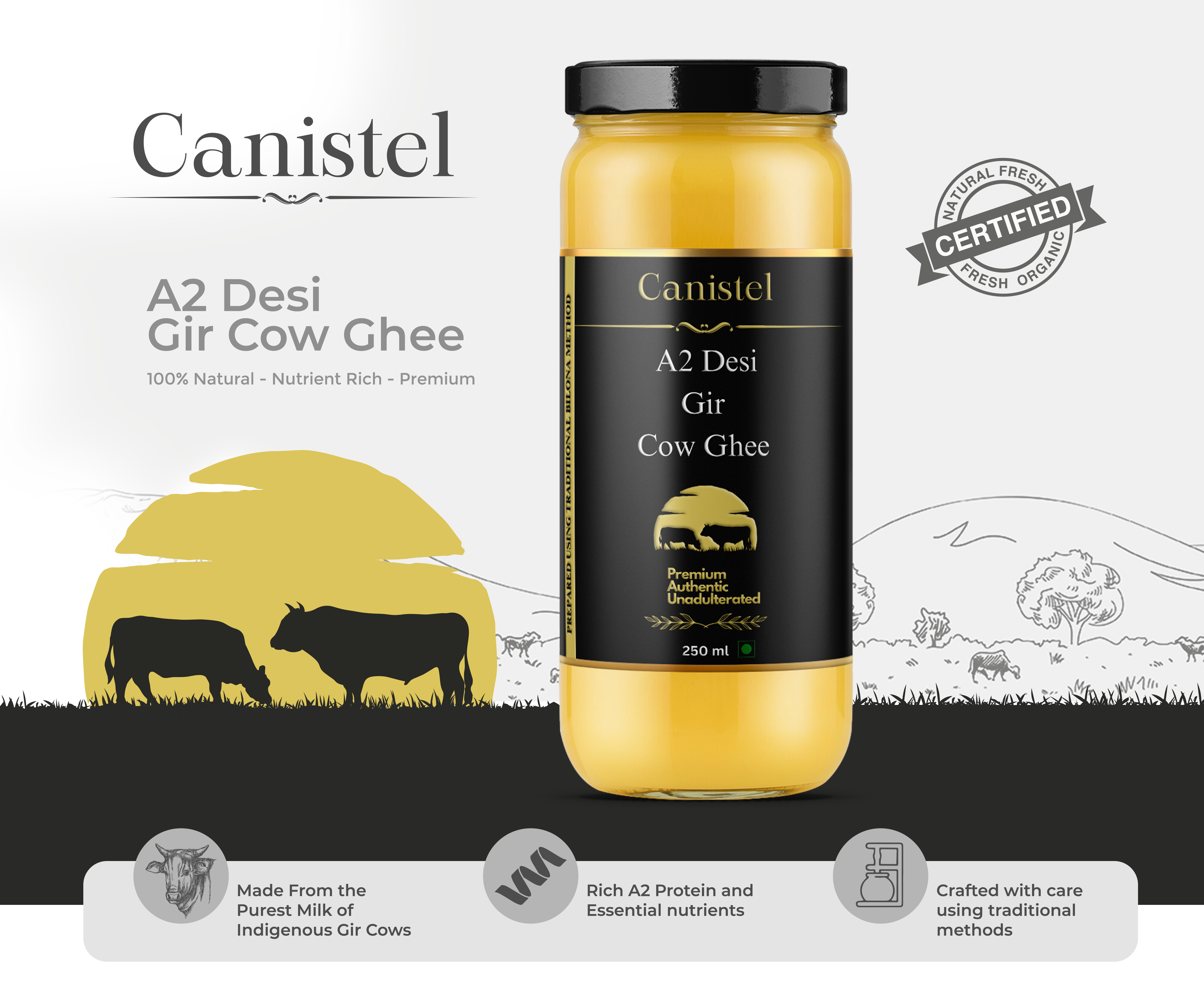 Image of Canistel A2 Desi Gir Cow Ghee | Traditional Bilona Churned | 100% Natural 250ml