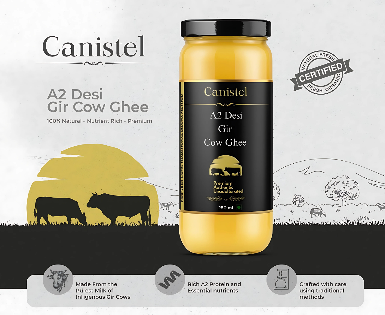 Canistel A2 Desi Gir Cow Ghee | Traditional Bilona Churned | 100% Natural 250ml - canistelindia