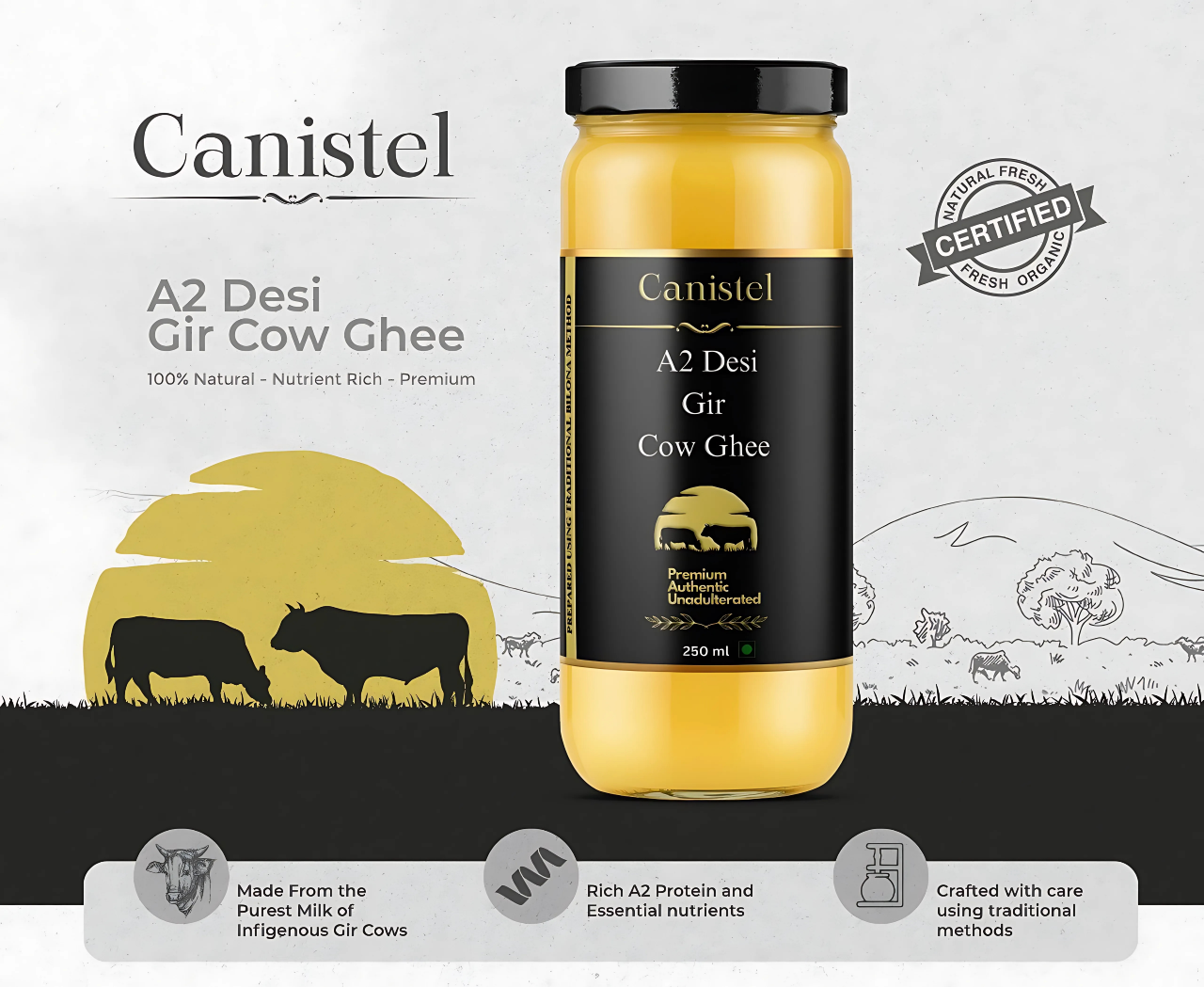 Canistel A2 Desi Gir Cow Ghee | Traditional Bilona Churned | 100% Natural 250ml