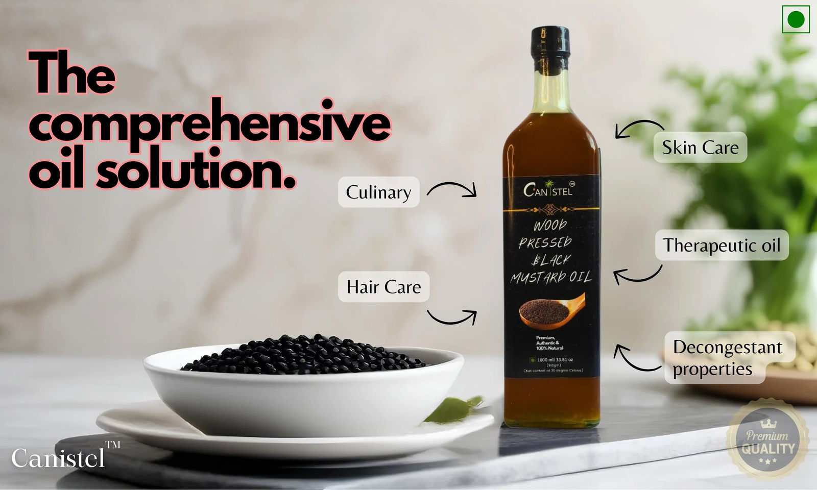 Image of Wood Pressed Black Mustard Oil (1 Litre | Glass Bottle) | Natural - canistelindia